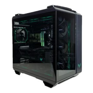 Žaidimų kompiuteris pilno dydžio Asus TUF GT502 ATX korpuse su AMD Ryzen 7 9800X3D procesoriumi, Asus TUF Gaming OC RTX 5080 16GB vaizdo plokšte ir DarkFlash RGB ventiliatoriais